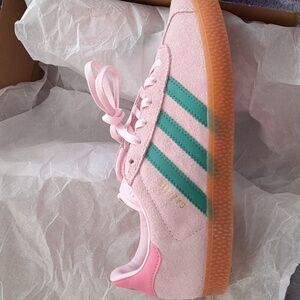Adidas Pink Sneakers with Green Stripes